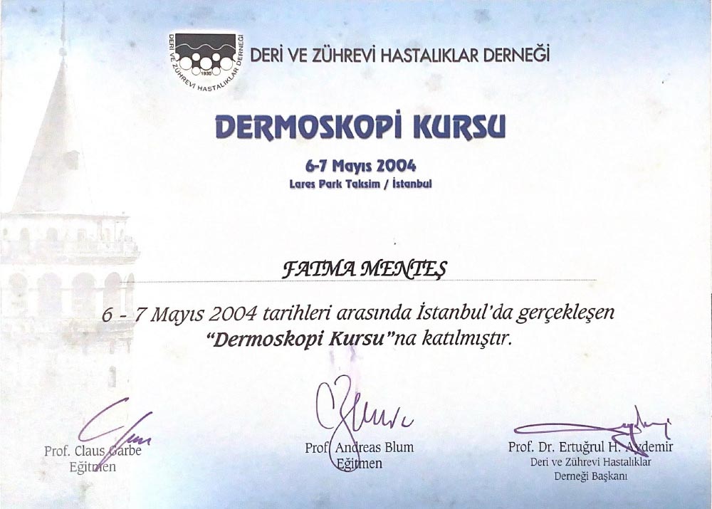 Dermoskopi Kursu Katılım Sertifikası