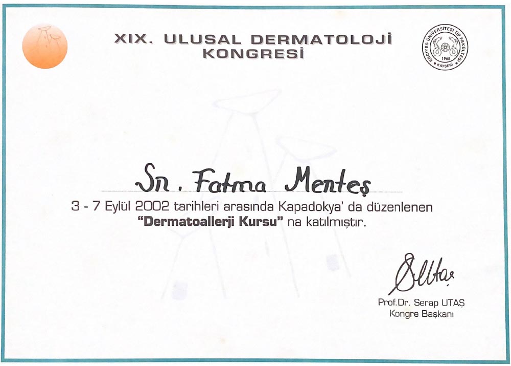 Dermatoallerji Kursu Katılım Sertifikası