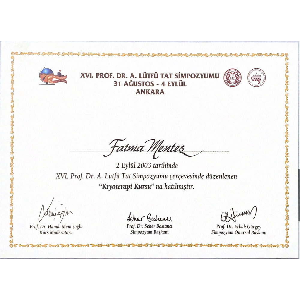 16. Prof. Dr. A.Lütfü Tat Kyroterapi Kursu Katılım Sertifikası