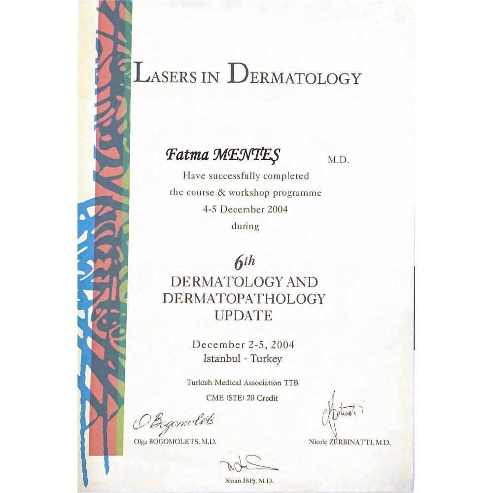Dermatolojide Lazerler Kurs Bitirim Sertifikas
