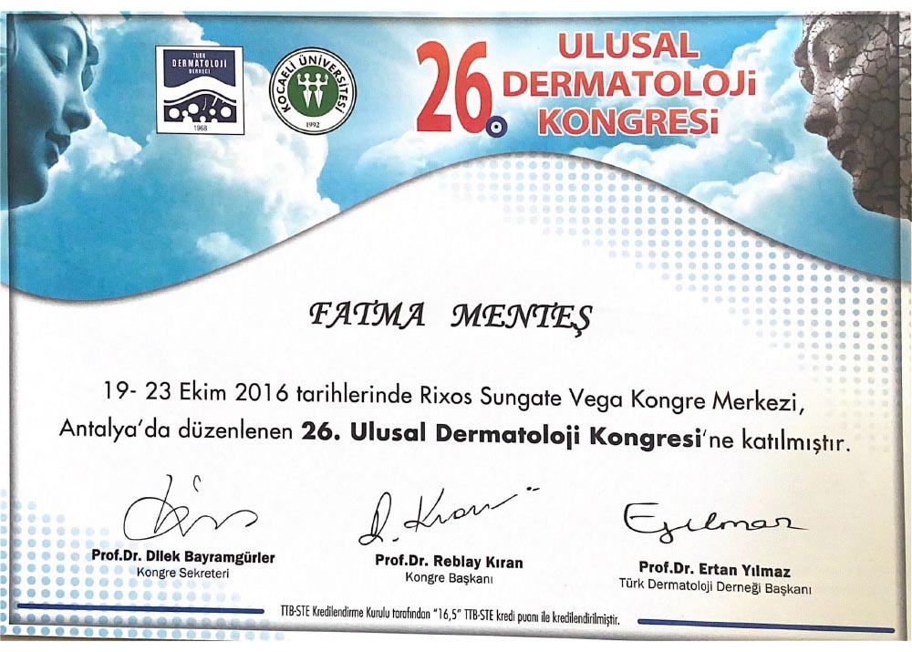 26.Ulusal Dermatoloji Kongresi Katılım Sertifikası