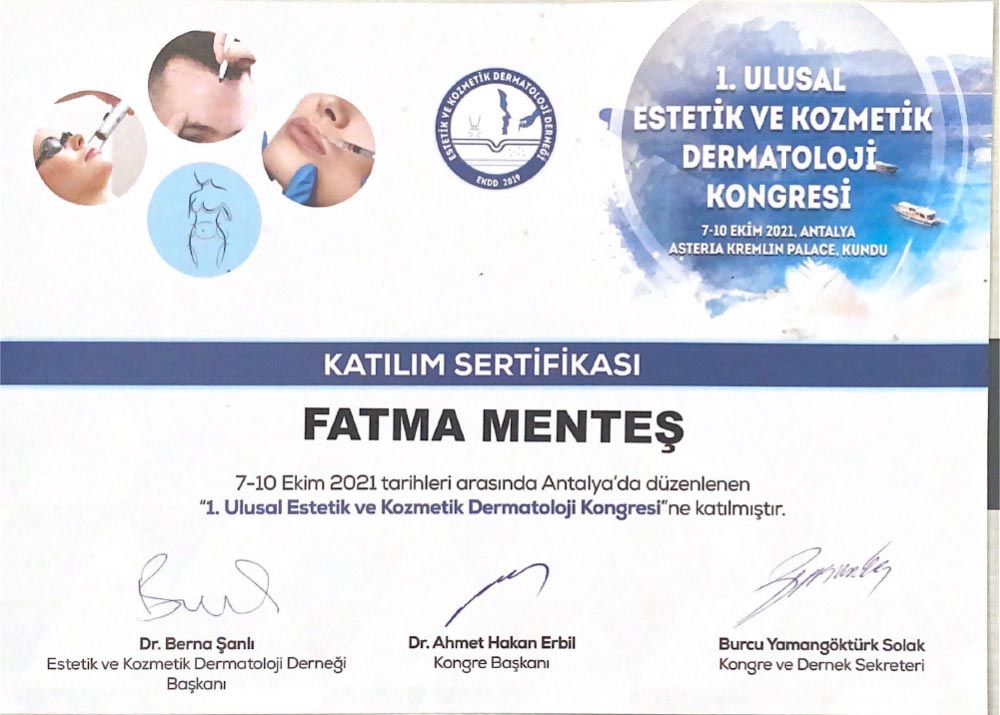1.Ulusal Estetik Kozmetik Dermatoloji Kongresi Katılım Sertifikası