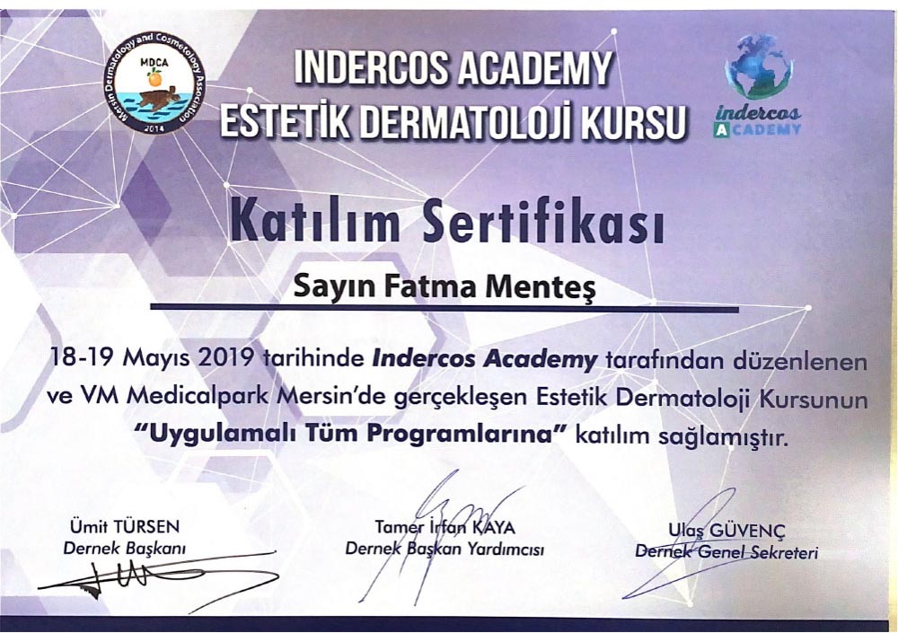 Estetik Dermotoloji Kursu Katılım Sertifikası