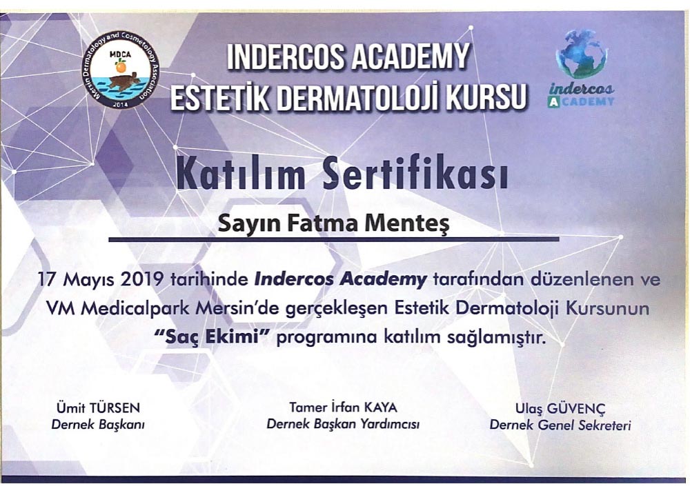 Estetik Dermotoloji Saç Ekimi Kursu Katılım Sertifikası