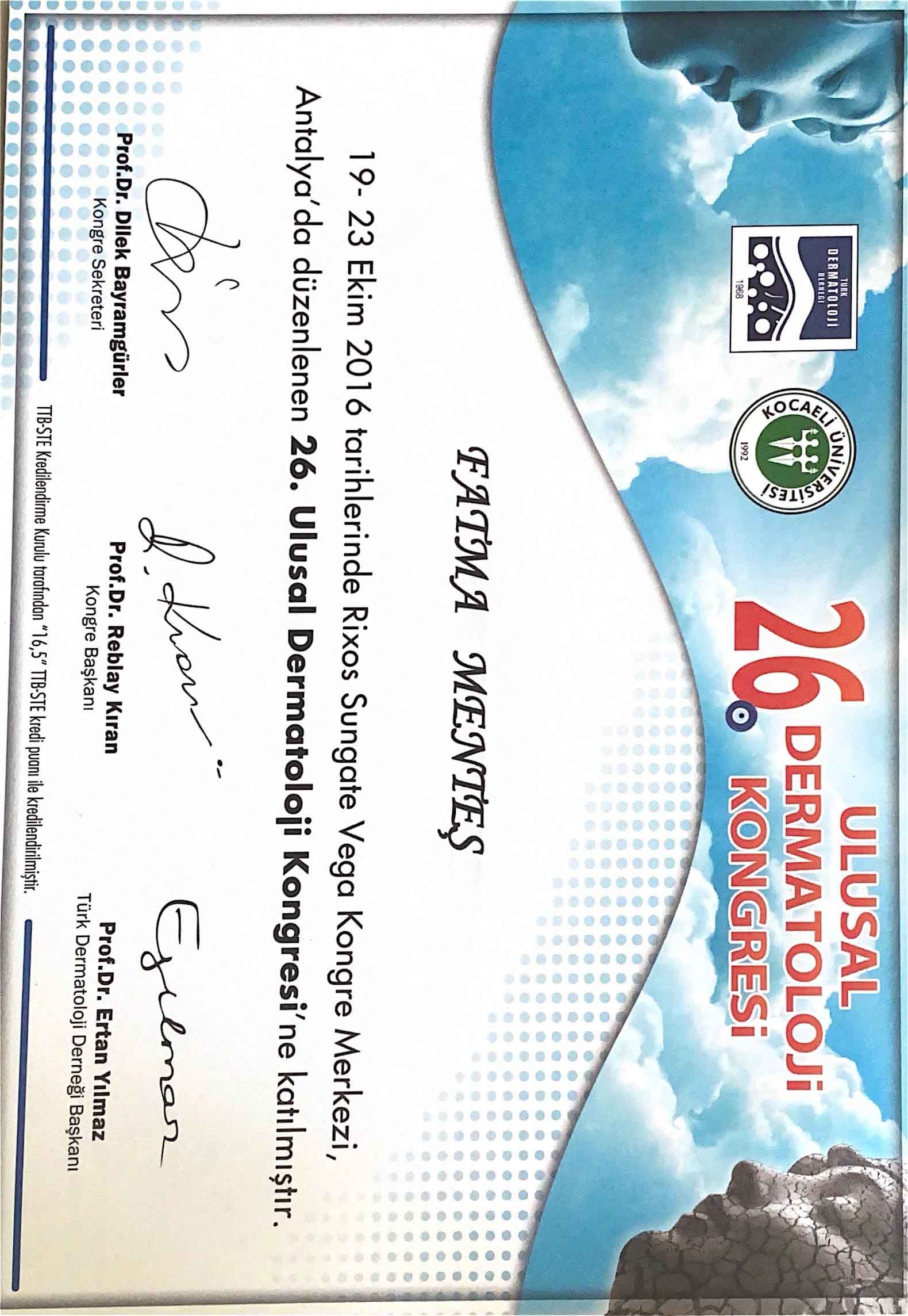 26.Ulusal Dermatoloji Kongresi Katılım Sertifikası