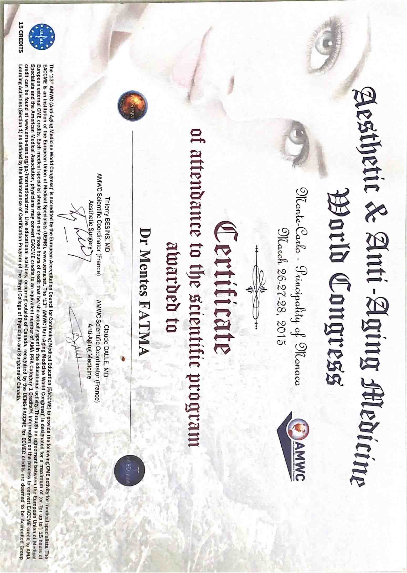 Estetik ve Yaşlanma Karşıtı Dünya Kongresi Katılım Sertifikası