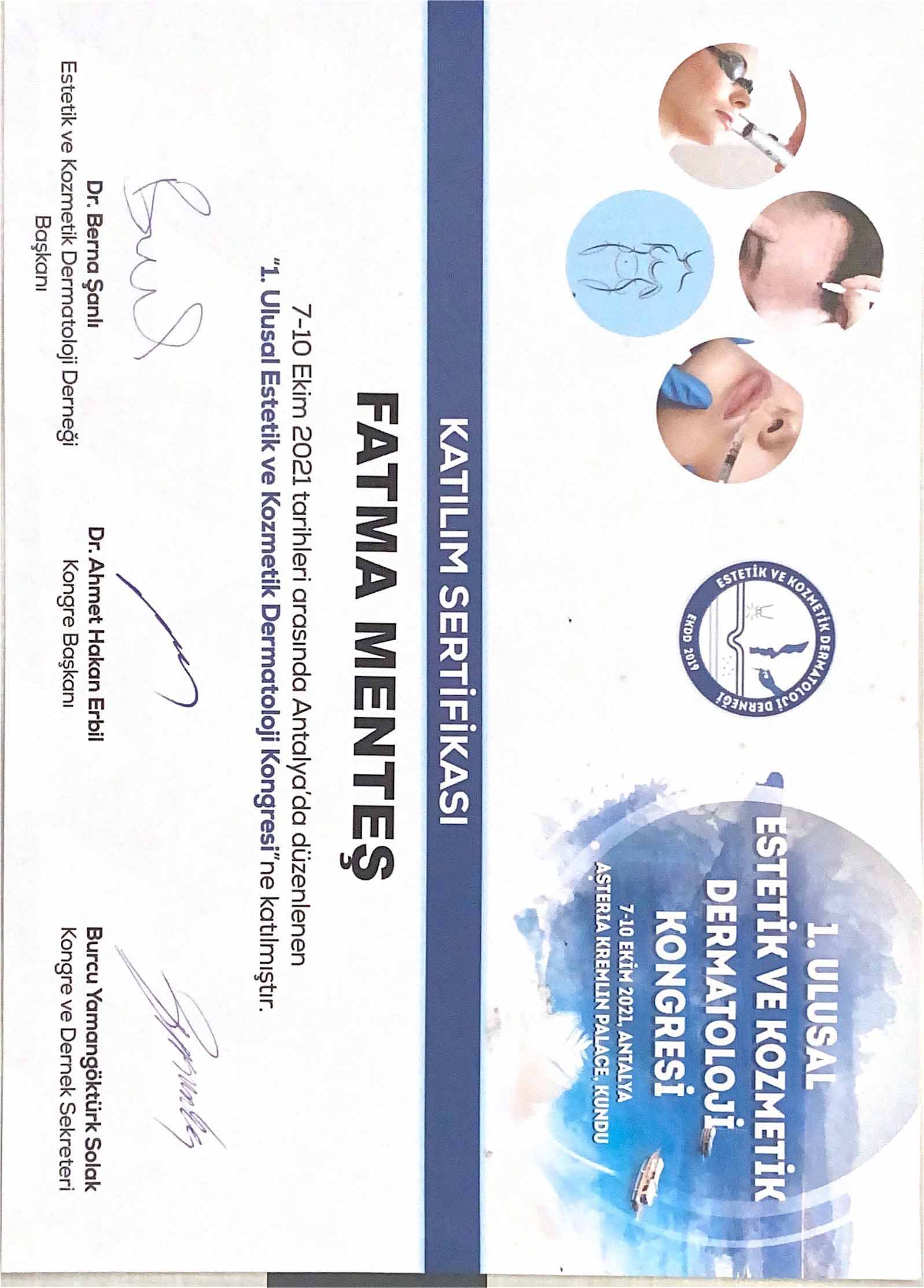 1.Ulusal Estetik Kozmetik Dermatoloji Kongresi Katılım Sertifikası