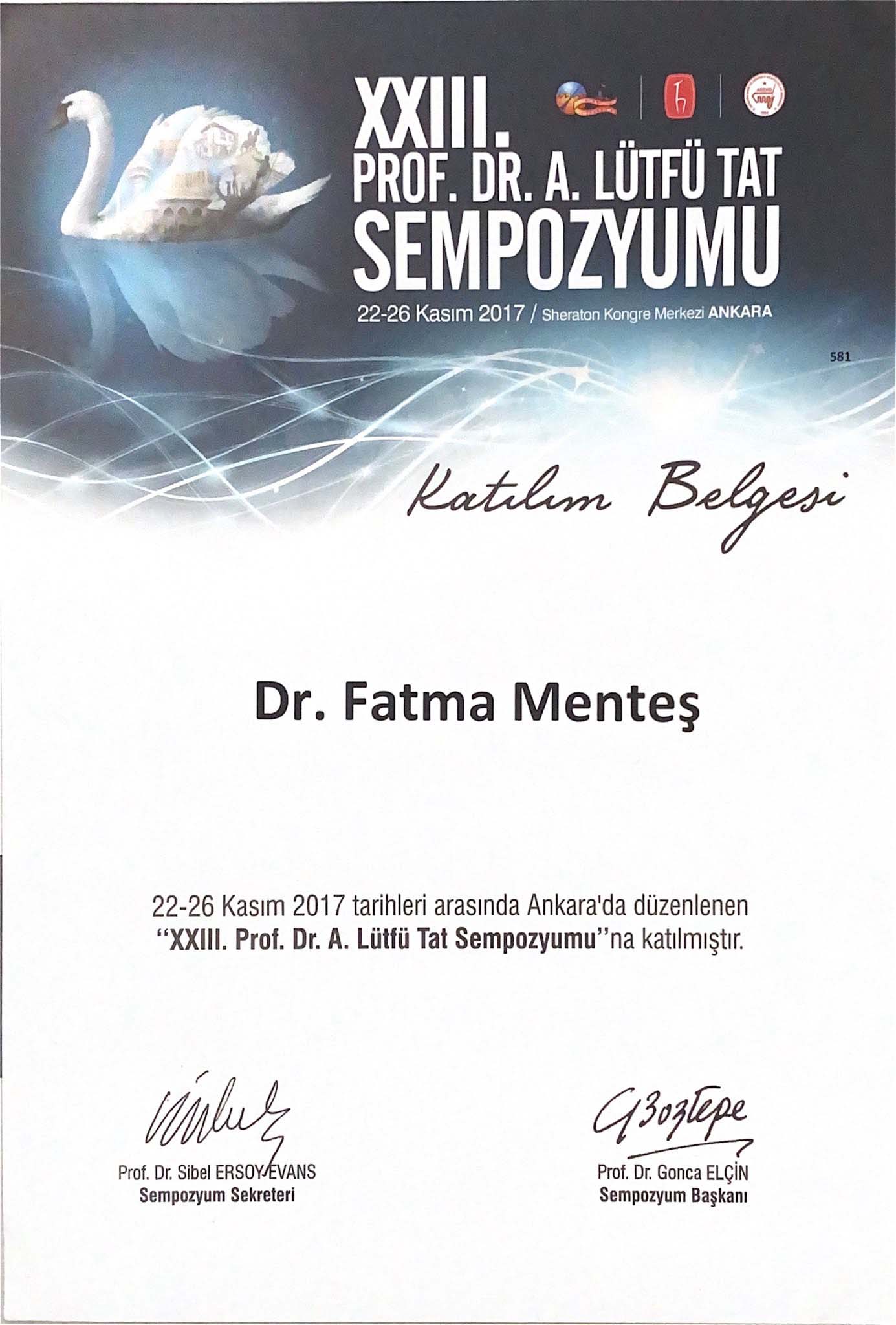 23. Prof. Dr. A.Lütfü Tat Sempozyumu Katılım Sertifikası